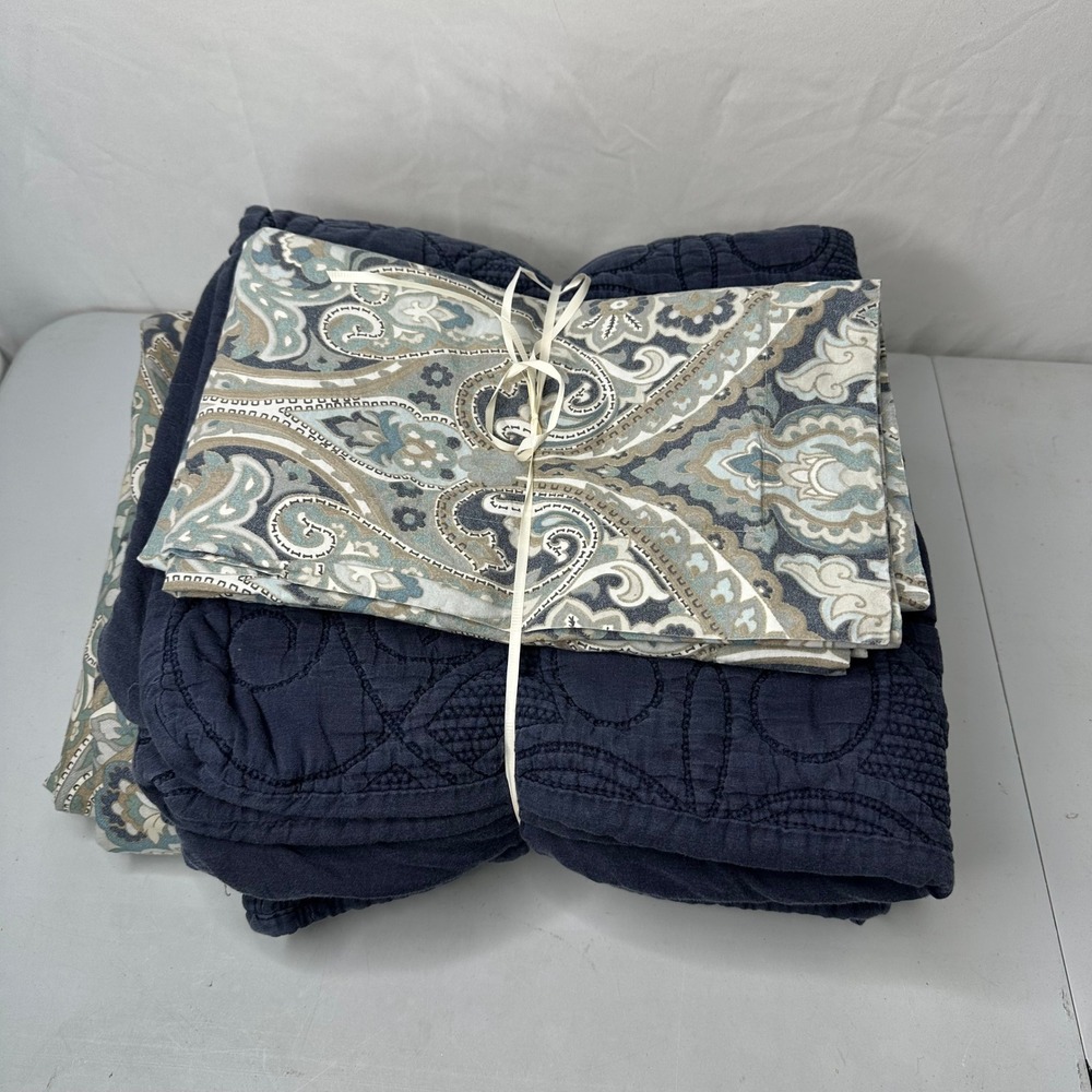 Pottery Barn Navy Quilted Duvet Cover and 2 Sets Paisley & Solid Euro Shams